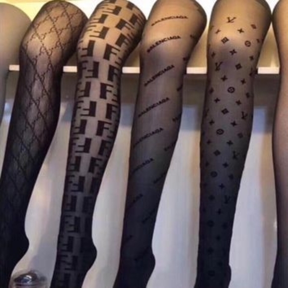 GG, FF, LV ~ Designer Patterned Black Tights - Picture 1 of 4
